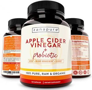 Zanapure – Pure, Organic, Raw Apple Cider Vinegar with Probiotic & The Mother – for Detox, Cleanse, Digestive Support, Weight Management, Gut Health – 120 Vegan Capsules
